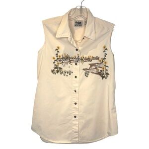 Vintage Northern Reflections Sleeveless Button-Down Sunflower Shirt Cream Small